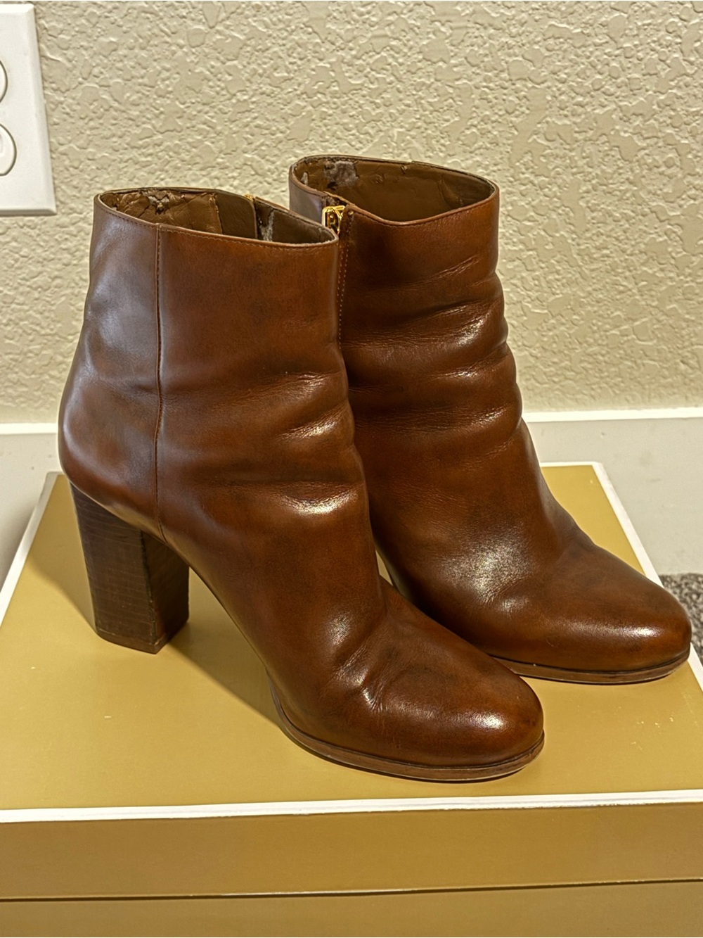 Michael Kors Brown Leather Ankle Booties with Block Heel